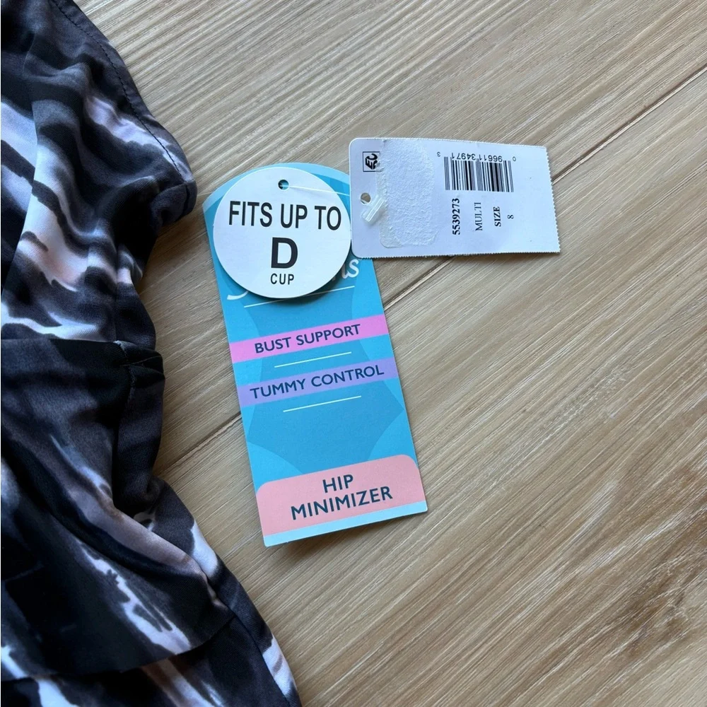 Swim Solutions Black Marble Printed Tiered Tummy Control One-Piece Suit, US Sz 8 - Picture 3 of 4